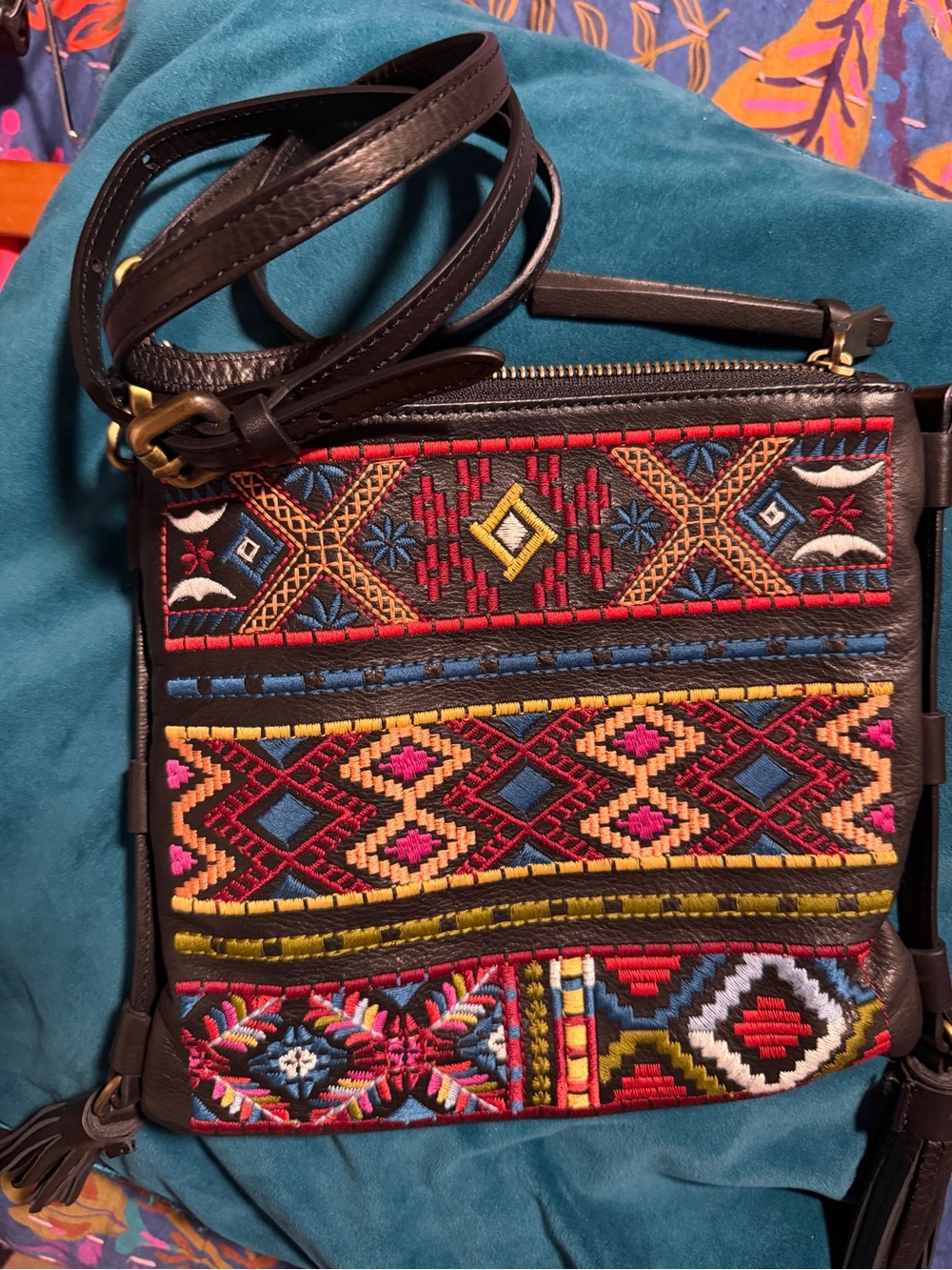 Johnny Was Multicolor Embroidered Crossbody Bag with Black Strap